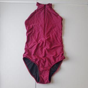 Ballet Rosa High-Neck Zip Front Open Low Back Leotard Adult L Burgundy LIKE-NEW